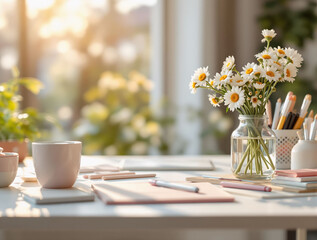 Poster - A minimalist spring workspace setup with a clean white desk, a vase of daisies, and pastel-colored stationery, glowing morning light and blurred soft bokeh in the background