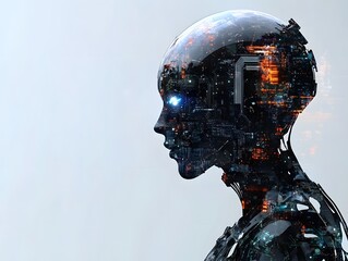 Fototapete - futuristic humanoid robot with an intricate internal structure and glowing features against a neutra