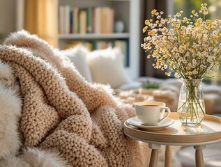 Aufkleber - A minimalist spring workspace setup with a clean white desk, a vase of daisies, and pastel-colored stationery, glowing morning light and blurred soft bokeh in the background