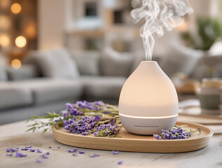 Poster - A ceramic diffuser with lavender essential oil, surrounded by dried herbs and flowers, placed on a light wooden tray