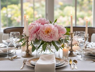 Aufkleber - A table setup with elegant glassware, linen napkins, and a centerpiece of blooming peonies, soft candlelight and blurred spring garden visible through open windows,