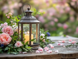 Fototapete - A close-up of a vintage lantern with a flickering candle inside, surrounded by fresh greenery and soft flower petals, placed on a rustic wooden table, blurred spring garden in the background