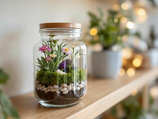 Poster - A DIY spring terrarium with moss, small stones, and blooming flowers inside a glass jar, placed on a wooden shelf with soft glowing light, blurred eco-friendly home décor in the background