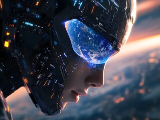 Fototapete - Futuristic Cybernetic Being Gazing at Earth in Space with Intricate Technology and a Dazzling Imagery of the Planet