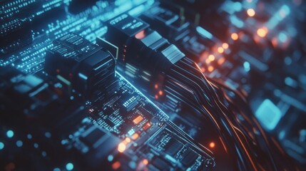 Poster - Abstract Close-Up of a High-Tech Circuit Board with Illuminated Connections and Complex Patterns, Showcasing the Intricacies of Modern Electronics and Technology