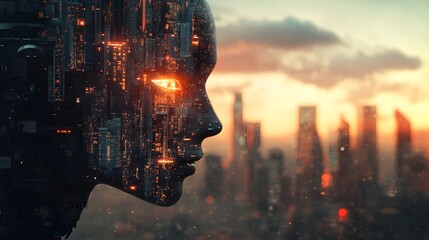 Poster - Futuristic Female Android Profile with Cityscape Background at Dusk, Highlighting Technology and Human Integration in a Digital World