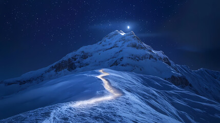 Wall Mural - Snowy mountain peak with a winding path illuminated by a glowing light under a night sky. Moonlit Snowy Path. Illustration