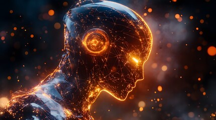 Poster - Futuristic humanoid figure illuminated with glowing circuitry in a digital art style showcasing the fusion of technology and humanity against a dark background.