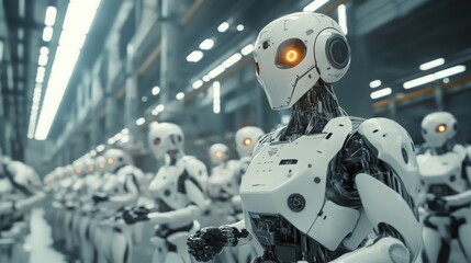 Aufkleber - A group of humanoid robots stands in a sleek, futuristic factory. Each robot has glowing eyes and an intricate design, suggesting advanced technology.
