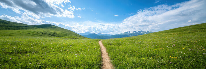 Wall Mural - scenic pathway leads through vibrant green meadow under bright blue sky, surrounded by majestic mountains. landscape evokes sense of tranquility and adventure