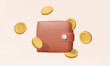 © N ON NE ON - Digital wallet brown with golden coins floating into wallet cashback concept. money management income financial saving online payments, cartoon minimal on pastel background. 3d vector