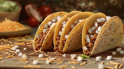 Poster - A group of tacos arranged on a wooden cutting board, perfect for food styling or culinary photography