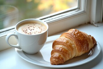 Wall Mural - A cup of coffee and a flaky croissant on a plate, perfect for breakfast or brunch