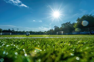 Poster - A soccer ball on a grassy field with the sun shining down, suitable for sports or outdoor themed projects