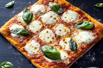 Poster - A close-up shot of a square pizza topped with melted cheese and fresh basil leaves