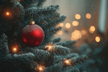 Poster - A red ornament hangs from a Christmas tree