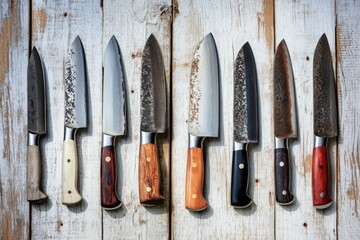 Aufkleber - A collection of knives arranged on a wooden surface, ideal for use in kitchen or office settings