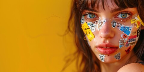 Poster - A woman's face is covered in colorful stickers