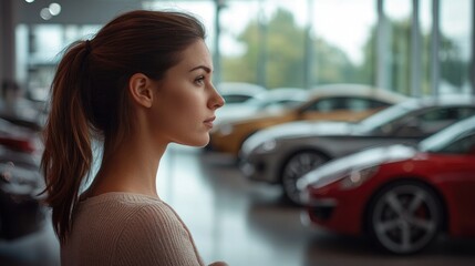 Aufkleber - A woman standing in front of a row of parked cars, great for use as a background or placeholder image