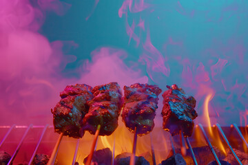 Wall Mural - chef cooking beef skewers. Grilled skewers over vibrant flames