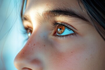 Poster - Close-up shot of a woman's eye and smartphone, potential for use in technology or daily life scenarios