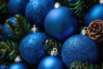 Poster - A cluster of blue glass Christmas ornaments on a white background, suitable for festive decoration or holiday advertising