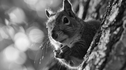 Poster - A gray squirrel sitting on a tree branch in a natural environment