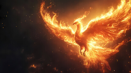 Wall Mural - Illustration of a phoenix in fire. symbol of rebirth. fenix with burning wings and feathers. firebird on black background. generative ai. phoenix. illustration. Burning Phoenix Flight. Illustration