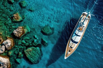 Aufkleber - A small boat floats on calm clear blue water, ideal for scenic backgrounds and lake or sea scenes