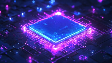 Poster - A computer chip is prominently displayed, emitting bright purple and blue lights in a dark setting.