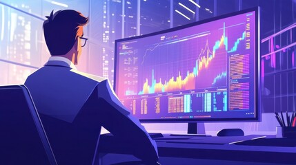 Poster - A man is sitting in front of a computer monitor with a graph on it