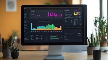 Fototapete - A computer monitor displays a graph with a green line and a red line