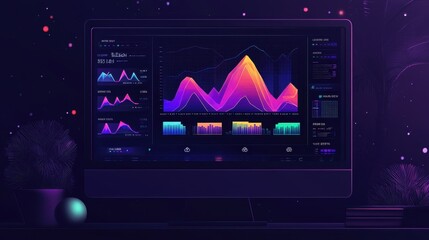 Fototapete - A computer monitor displays a colorful graph with a purple background