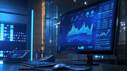 Fototapete - A computer monitor displays a graph of data, with a keyboard