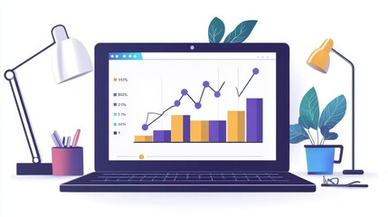 Fototapete - A laptop screen shows a graph with a purple line and a yellow line