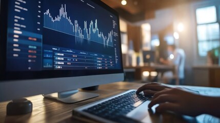 Poster - A person is typing on a computer monitor that displays a graph of stock prices