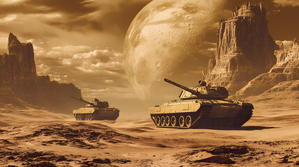 Wall Mural - Two armored military tanks traverse a vast, arid desert with towering mesas under a large moon in a hazy, sepia-toned alien landscape. ai generated image. Desolate Alien Desert. Illustration