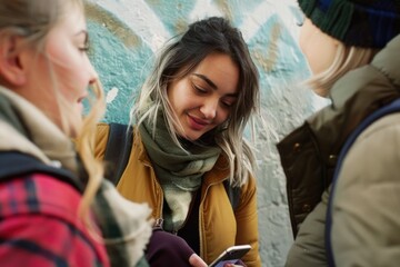 Aufkleber - Group of women examining their phones, possibly discussing or sharing something