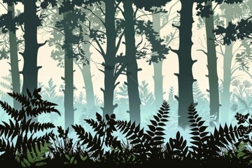 Aufkleber - A dense forest at sunset or sunrise, ideal for use in outdoor or nature-themed designs