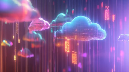 Aufkleber - In a vibrant digital environment, glowing clouds hover amid vertical data streams of neon colors, creating an abstract representation of technology and connectivity in a futuristic landscape.