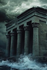 Poster - Ancient landmark with clock and columns, great for historical or cultural context