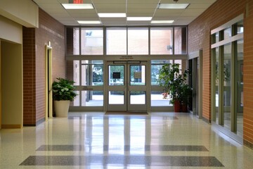 Poster - A corridor leading to a building with two doors, perfect for various uses