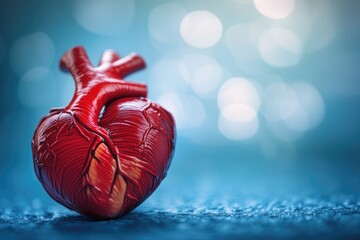 Poster - Anatomical model of the human heart displayed on a blue background, suitable for educational and scientific purposes