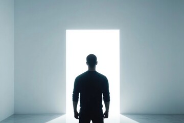 Aufkleber - A person stands in front of an open door with uncertain expression