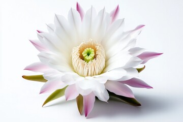 Poster - A close-up of a white and pink flower sitting on a white surface, great for decorative or still life photography