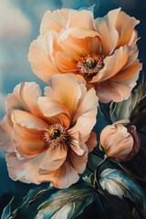Poster - Two orange flowers on a blue background, ideal for designs and presentations