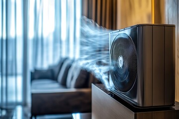 Poster - A cozy room with a fan blowing air and a comfortable couch in the background