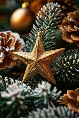 Poster - A golden star ornament sits atop a Christmas tree, perfect for holiday decorations or gift wrapping