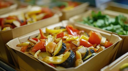 Poster - Variety of fresh vegetables in boxes on a table, suitable for kitchen or market scene
