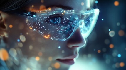Fototapete - A close-up profile view of a woman wearing transparent goggles displaying glowing digital information.